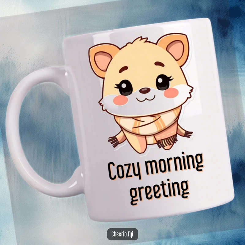 Funny cartoon creature with a friendly grin wearing a traditional scarf, exuding warmth and cheer.