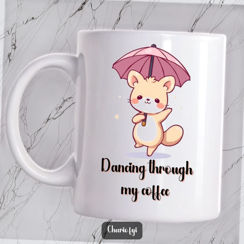 Funny animal mug with a whimsical character dancing with a miniature umbrella, radiating playful energy and charm, perfect funny gift.