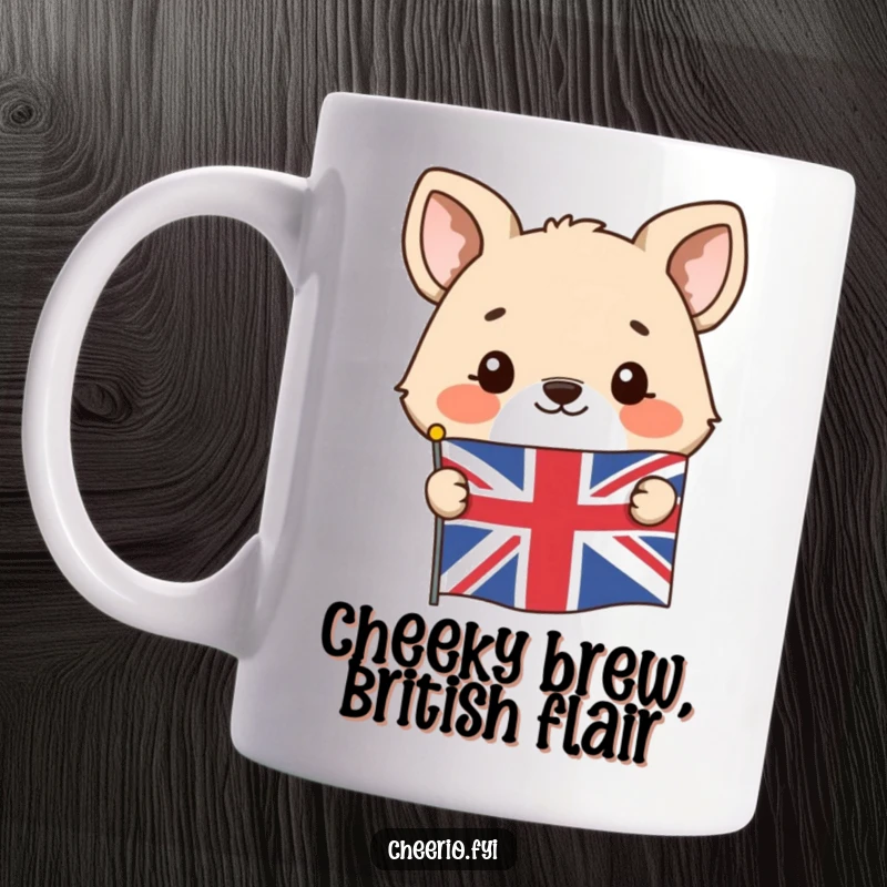 Funny mug with a happy animal character peeking mischievously from behind a small Union Jack flag.