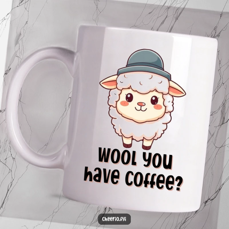 Funny sheep mug featuring a fluffy sheep with bright eyes, wearing a tiny black bowler hat, looking cheerfully at the viewer.