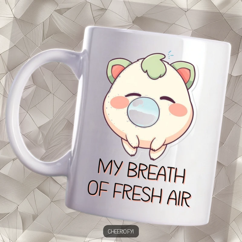 Funny mug showing a cute creature with a mischievous twinkle in its eye, joyfully blowing a large, translucent bubble.