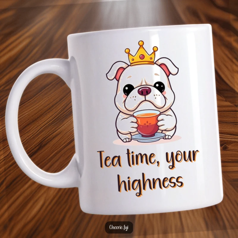 Funny mug depicting a jolly bulldog wearing a small crown, gracefully offering a delicate cup of tea.