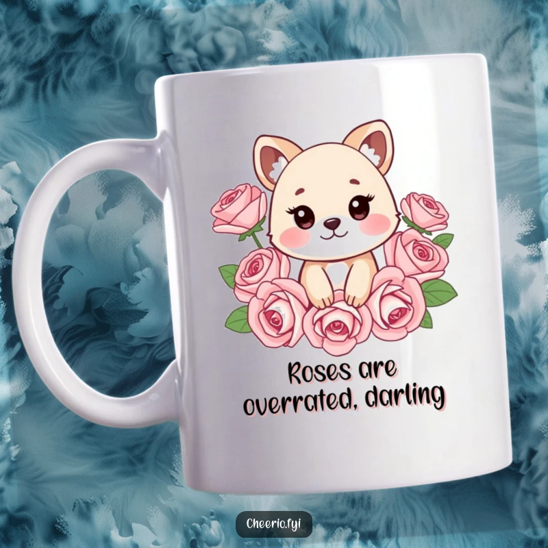 Funny animal mug with a cheeky expression surrounded by stylized roses, radiating playful sass and charm, ideal for a funny gift.