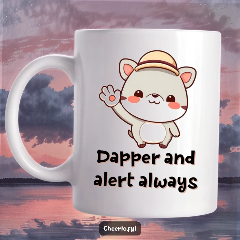 Funny mug showing a cheerful animal character wearing a tiny bowler hat and giving a jaunty, friendly wave. Radiating charm and politeness.