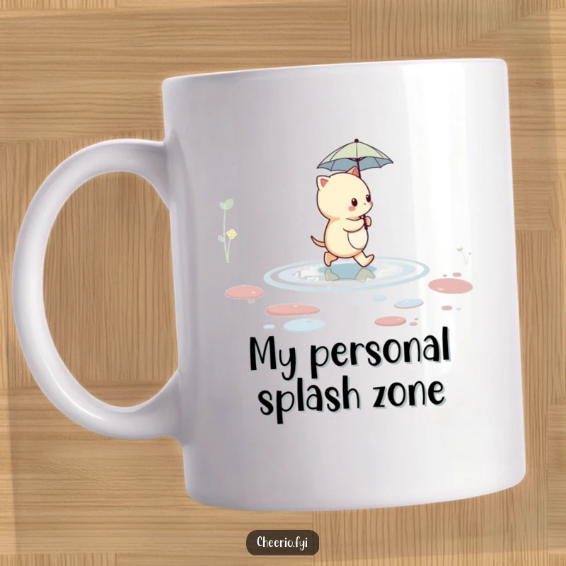 Funny creature holding a small umbrella bravely walking across a puddle, perfect for a humorous gift.