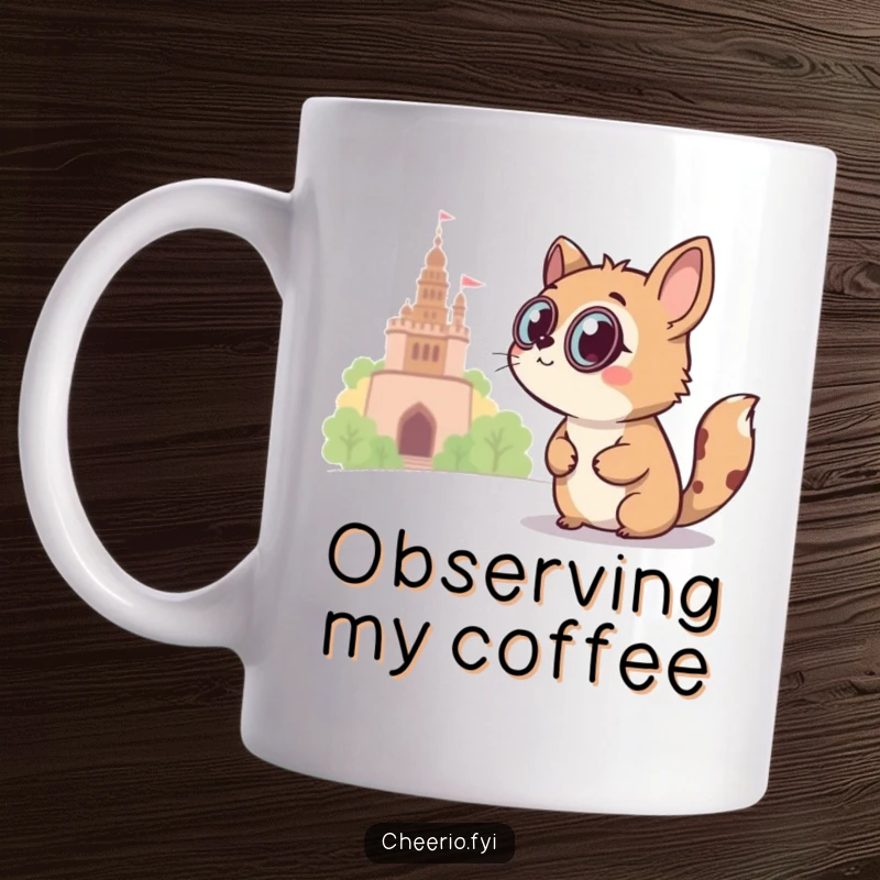 Funny curious animal wearing a monocle peers intently at a distant landmark on a mug, a witty gift.