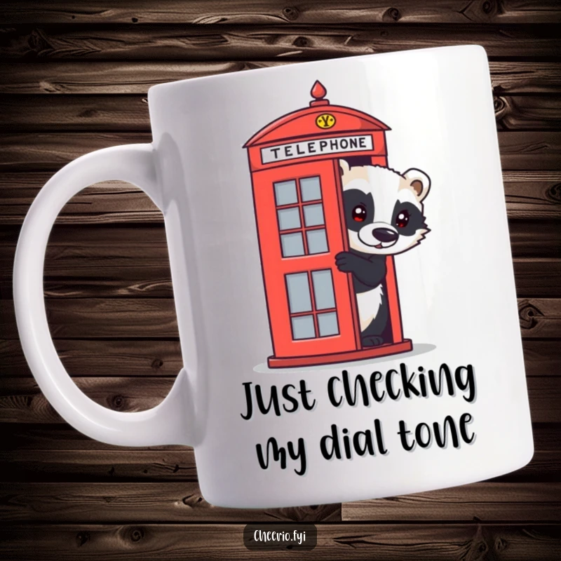 Funny badger mug showing a curious animal peeking from behind a vintage red UK telephone box, evoking playful mystery.