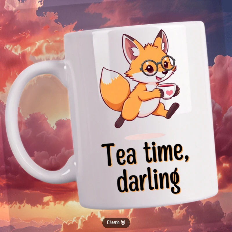 Funny mug featuring a leaping fox wearing a monocle and holding a tiny teacup, embodying witty and sophisticated charm.