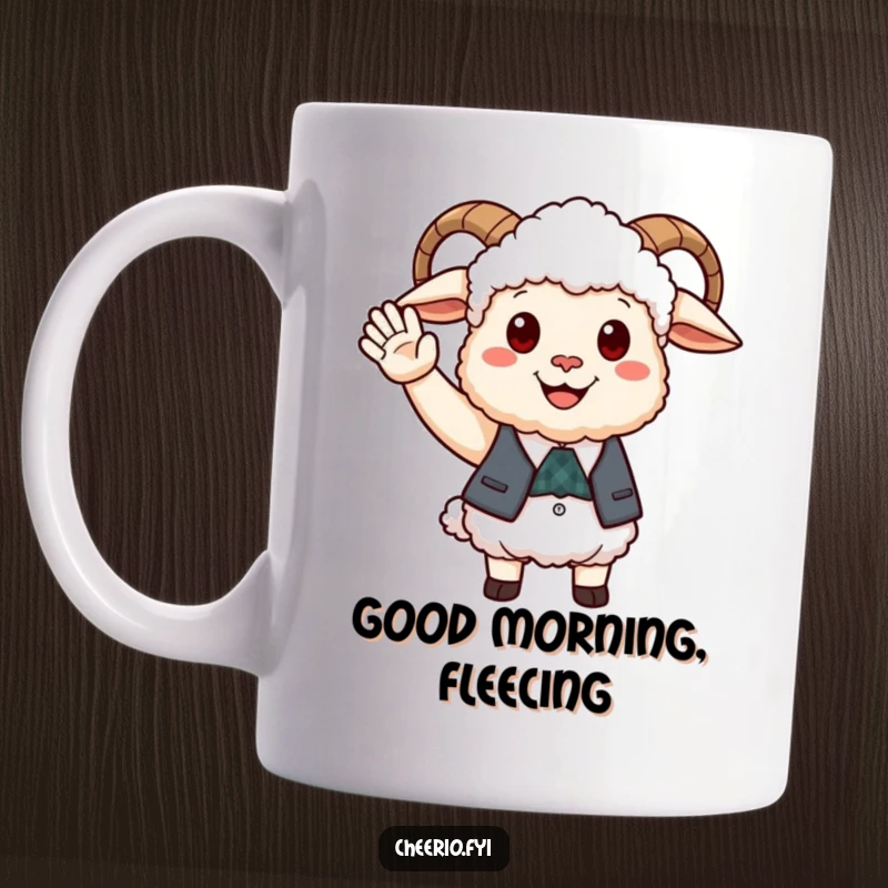 Funny happy sheep wearing a smart waistcoat offering a friendly wave, a cheerful coffee mug.