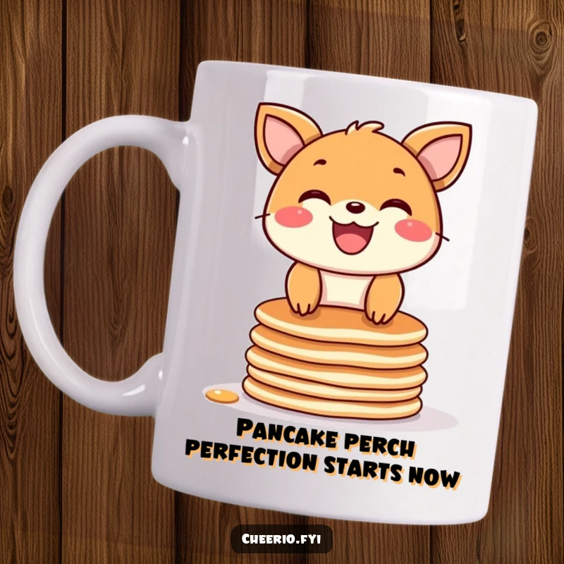 Funny mug with a joyful animal character grinning widely while precariously balancing on a tall stack of fluffy pancakes.
