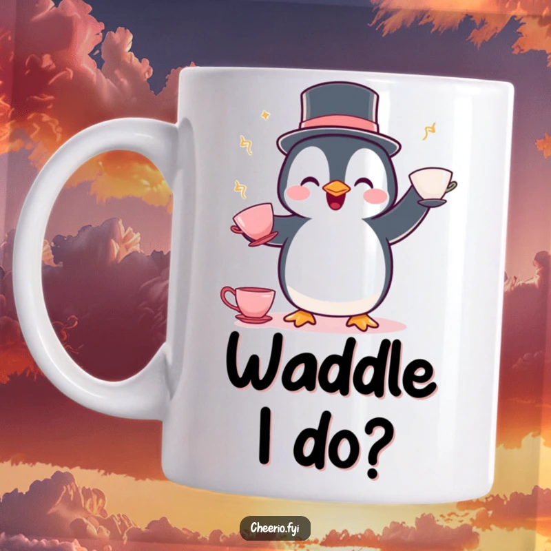 Funny Penguin Juggling Mug: A delighted penguin in a bowler hat expertly juggles delicate teacups with impressive skill.