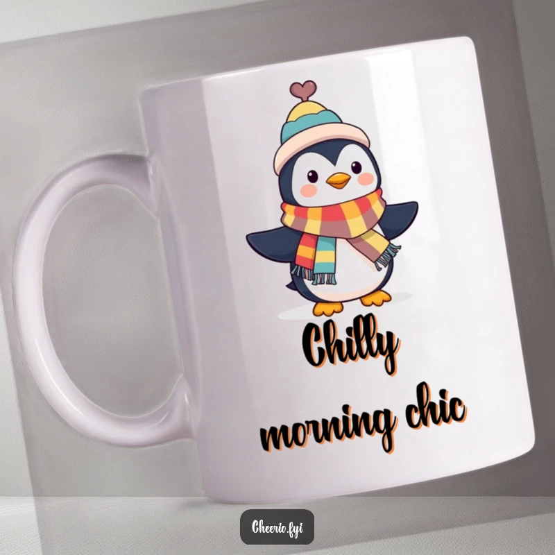 Funny Penguin Mug: A dapper penguin in a top hat waves a colorful scarf, embodying sophistication and fun. A delightful funny gift.