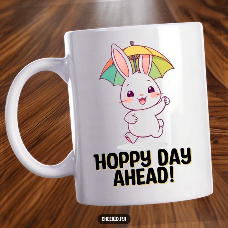 Funny mug depicting a happy rabbit character gleefully hopping along, holding a small, colorful umbrella above its head.