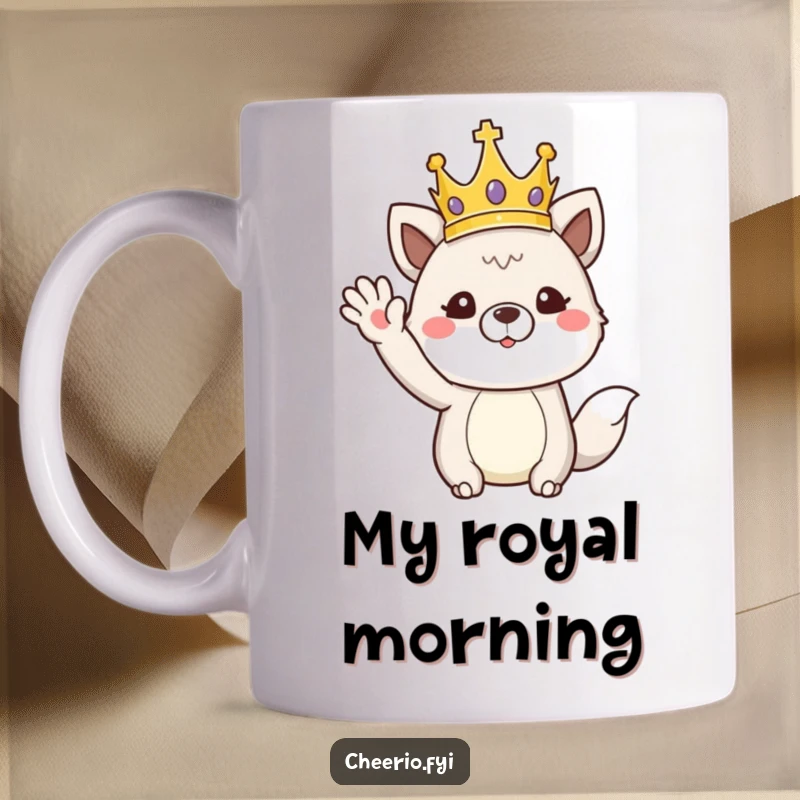 Funny mug design of an animal character wearing a crown and giving a regal wave, spreading royal humor.
