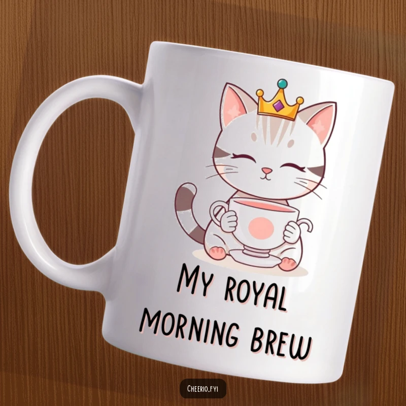 Funny mug showcasing a cute cat wearing a tiny crown, gazing intently at a whimsical floating teacup, exuding regal charm.