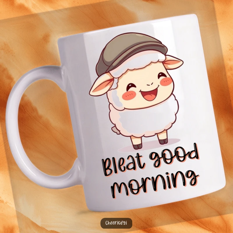 Funny Sheep Flat Cap Mug: A happy sheep wearing a flat cap throws its head back in a hearty, contagious laugh.