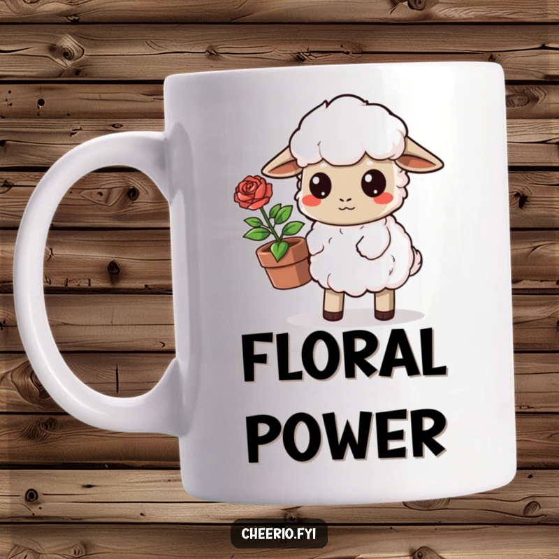 Funny Sheep Mug: A determined sheep carries a potted rose with care, perfect for gardeners and animal lovers. A delightful funny gift.