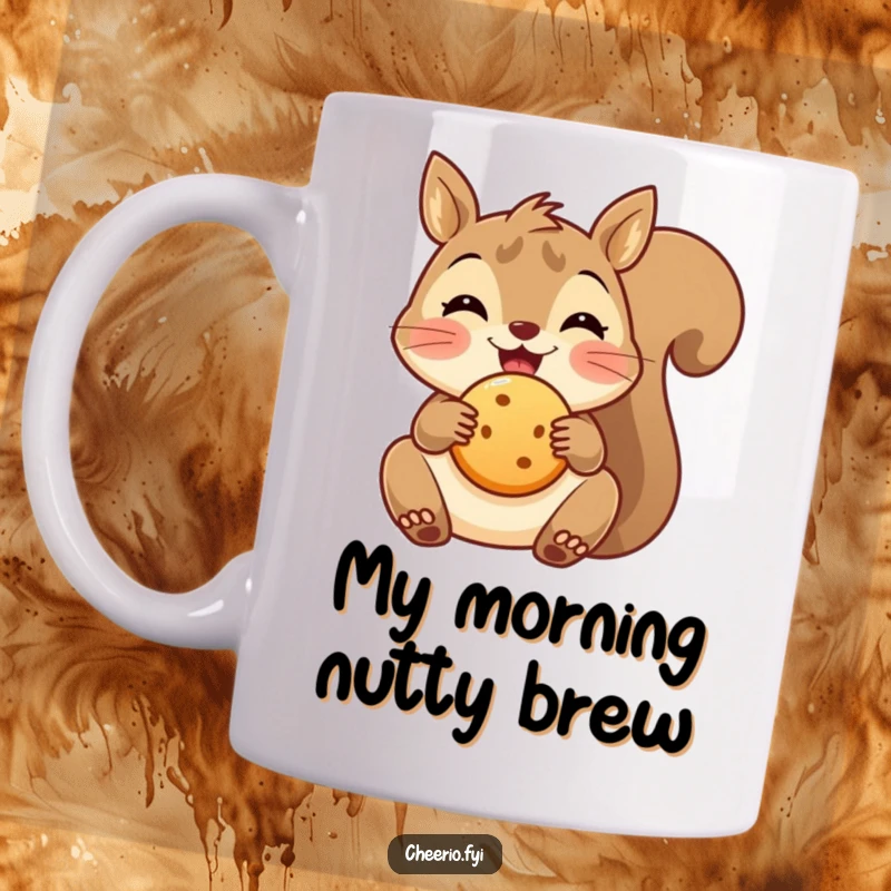 Funny delighted squirrel mug holding a round biscuit, capturing a moment of pure snack-time joy and cuteness.