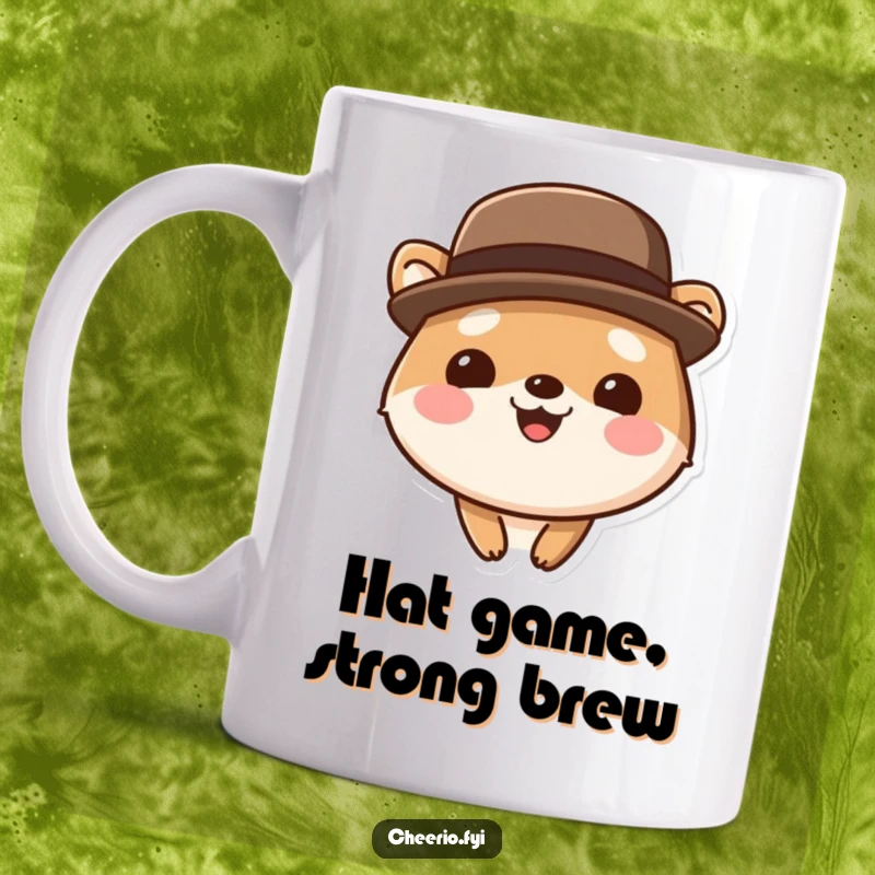 Funny cute animal mug wearing a bowler hat, smiling broadly with a dapper and cheerful expression.