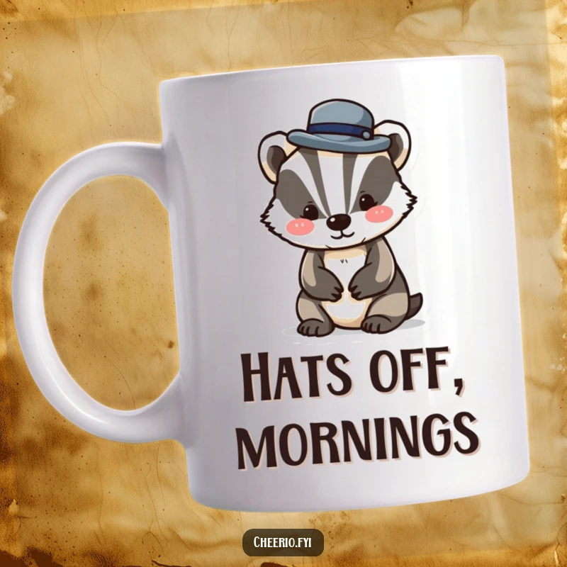 Funny mug featuring a charming badger character playfully tipping a tiny bowler hat, exuding dapper and whimsical personality.