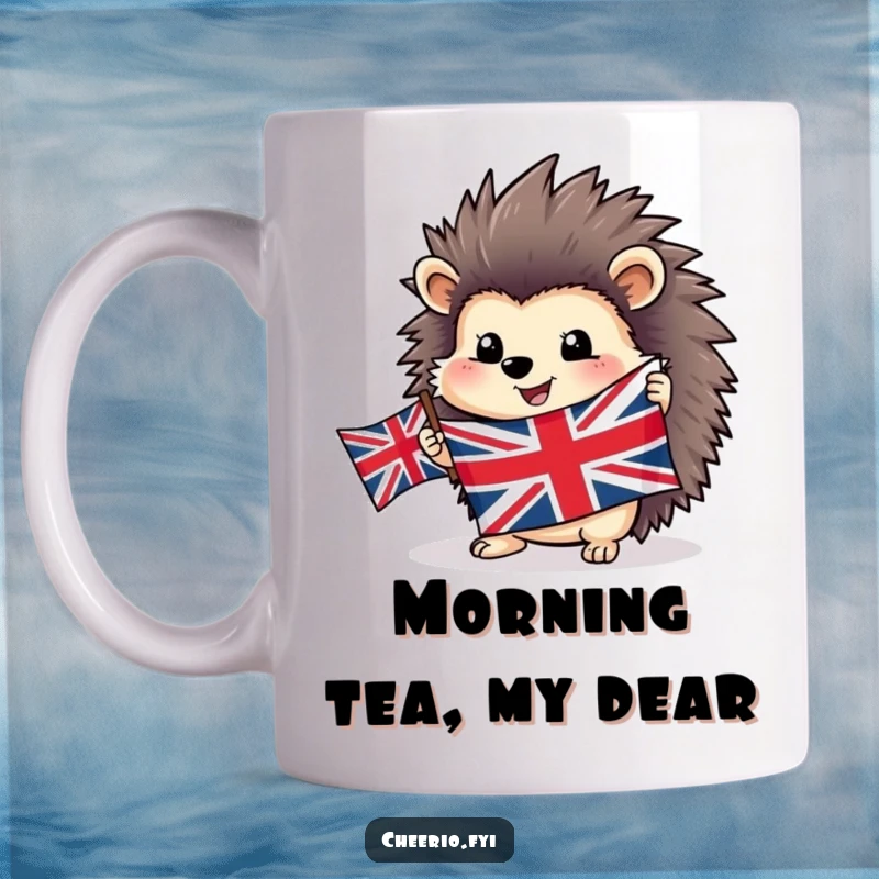 Funny happy hedgehog mug holding a Union Jack flag, showcasing a cheerful creature with patriotic British pride.