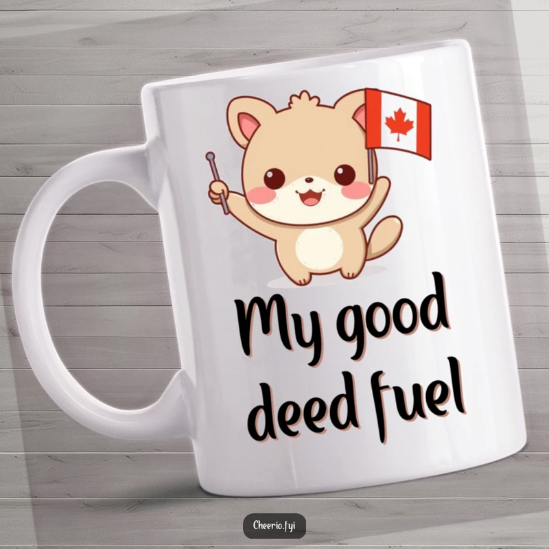 Funny mug with a joyful animal character waving a flag bearing a prominent red cross, ready to help and spread smiles.