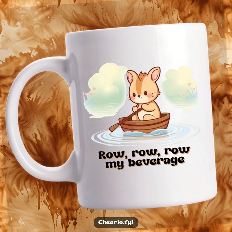 Funny British animal character happily rowing a miniature boat down a serene river, embodying peaceful fun and a touch of whimsy.