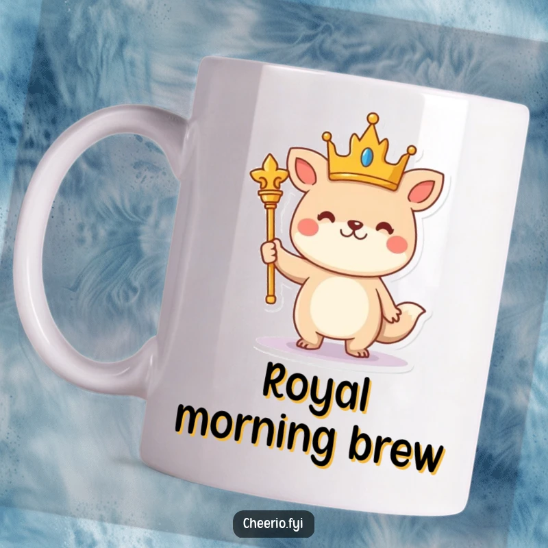 Funny cheerful animal wearing a crown and holding a scepter stands proudly on a mug, a regal gift.