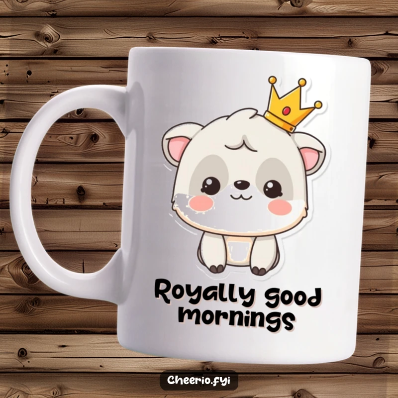 Funny mug featuring a smiling animal character proudly displaying a tiny, shiny crown on its head.