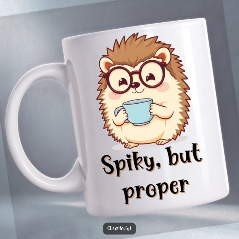 Funny Hedgehog Mug: A cheerful hedgehog wearing spectacles happily holds a tiny teacup.