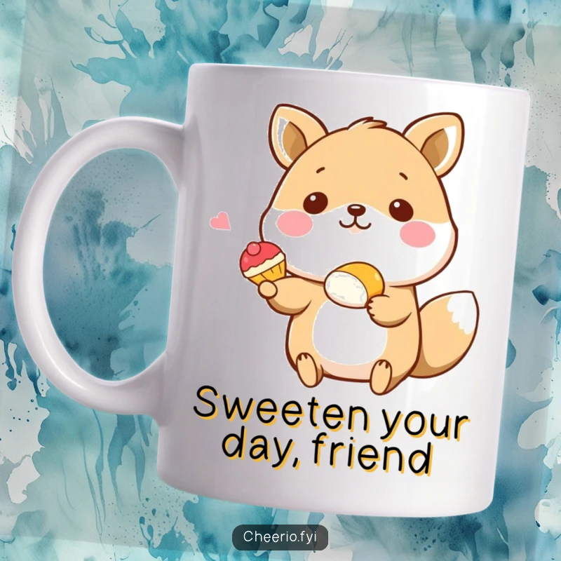 Funny animal mug with a happy character offering a tiny pastry with a flourish, radiating warmth and humor, perfect funny gift.