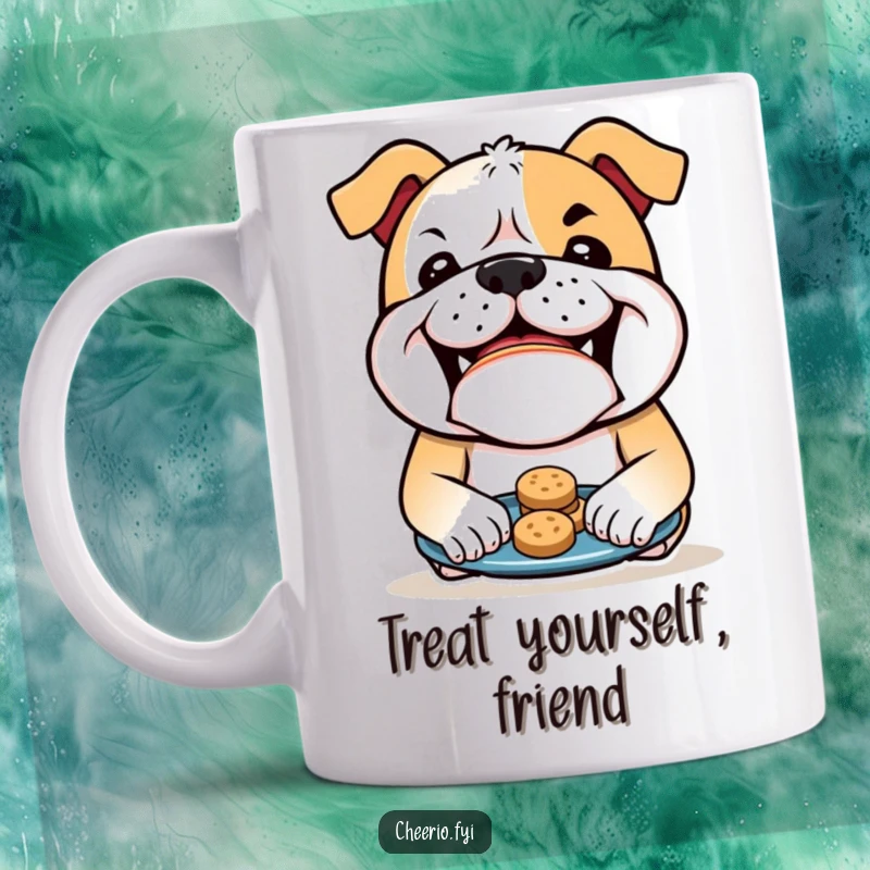 Funny Bulldog Mug: A bulldog with a mischievous grin holds out a plate of biscuits, inviting you to indulge. A delightful funny gift.