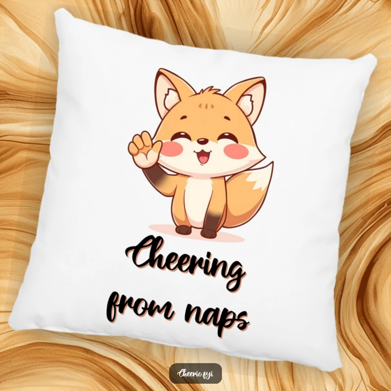Funny pillow featuring an energetic fox character enthusiastically cheering with a cupped hand, perfect for adding spirited and humorous decor.