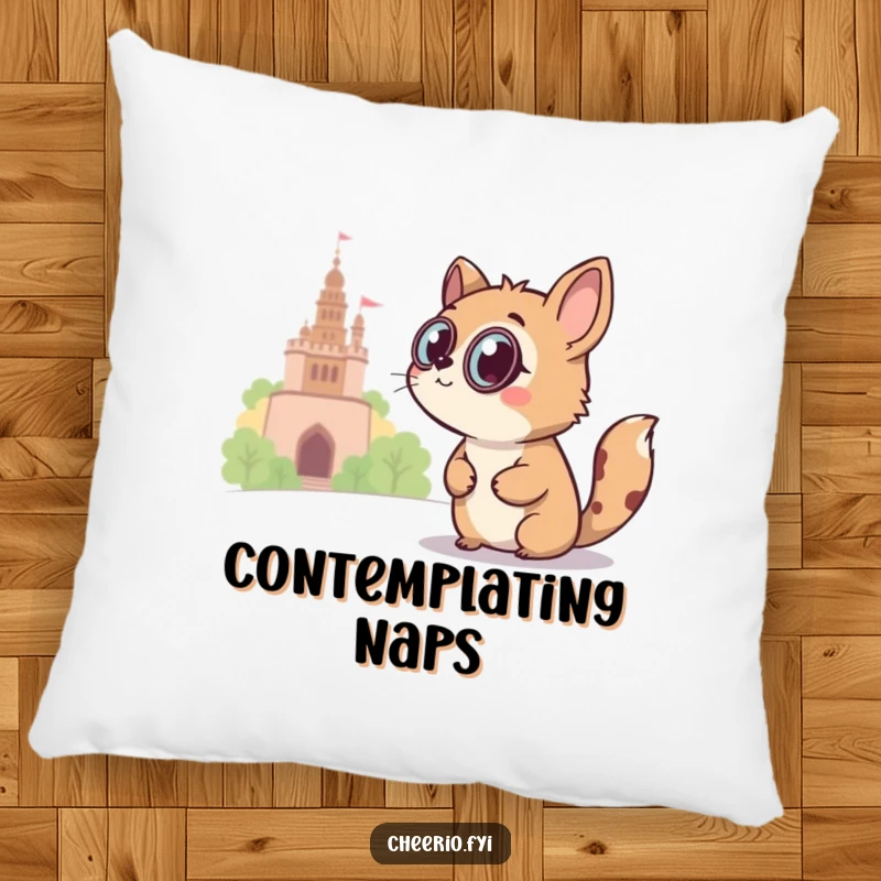 Funny curious animal wearing a monocle peers at a distant landmark on a soft decorative pillow.