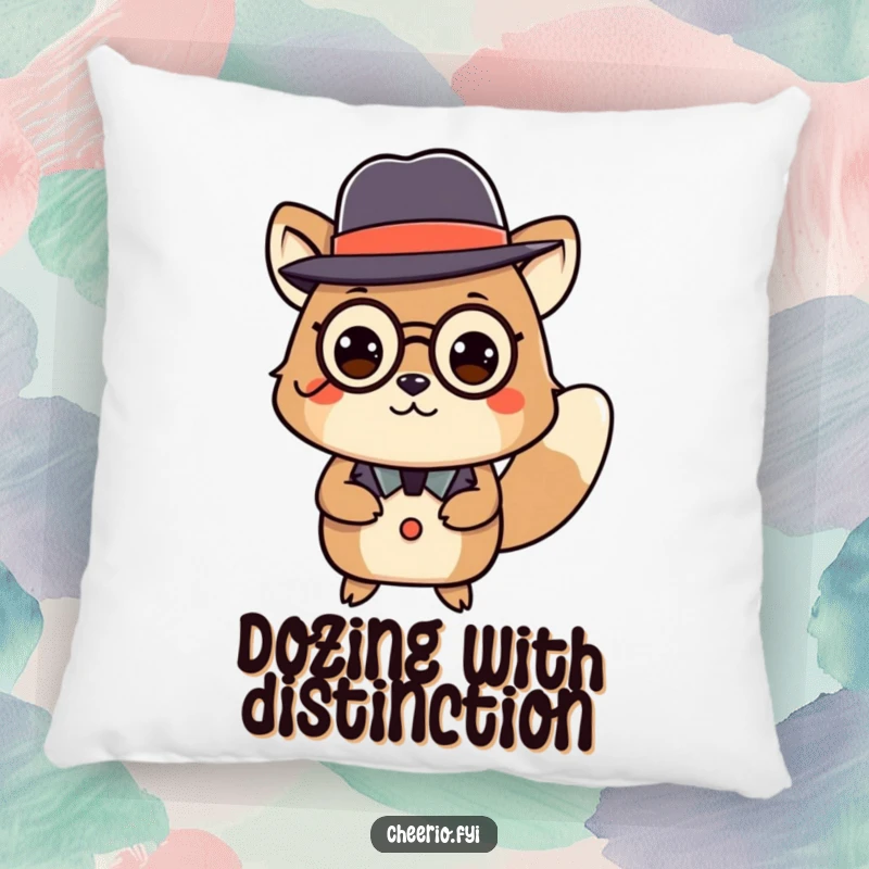 Funny pillow with an animal wearing a bowler hat and monocle, executing a graceful curtsey, bringing humor to relaxation.