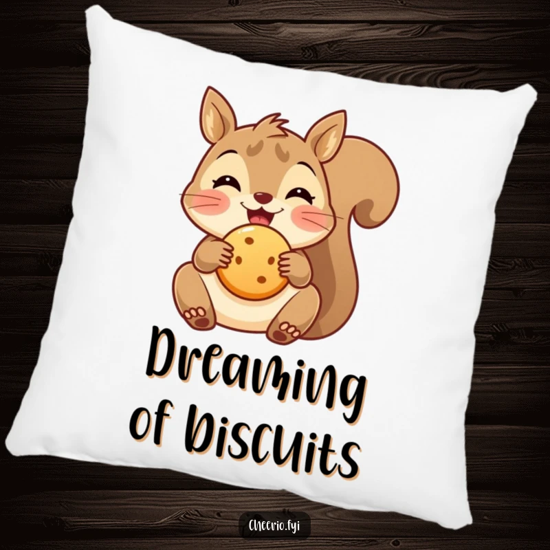 Funny delighted squirrel pillow holding a round biscuit, providing cozy comfort and a touch of snack-time cheer.