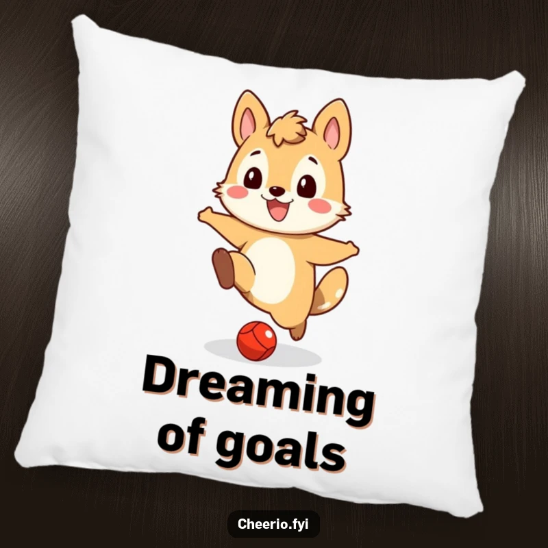Funny pillow showcasing a plush animal character gleefully kicking a small red ball, perfect for adding cozy fun.
