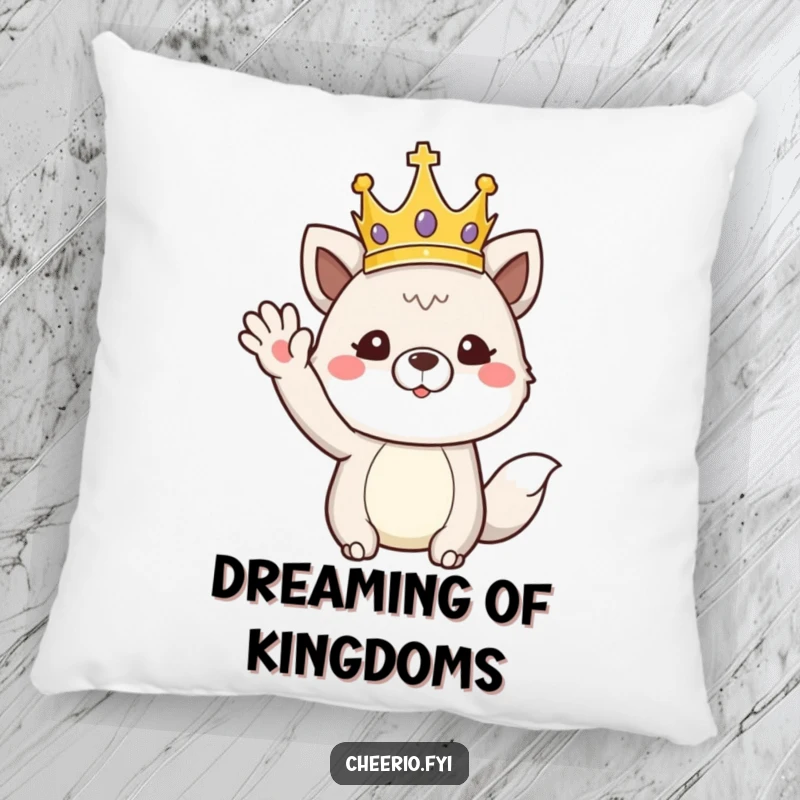 Funny pillow displaying an animal wearing a crown and giving a regal wave, offering comfort with majestic humor.