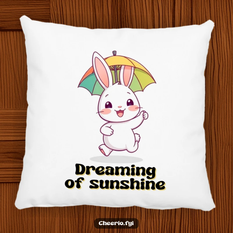 Funny pillow with a happy rabbit character gleefully hopping while holding a miniature umbrella, adding comfort and charm.