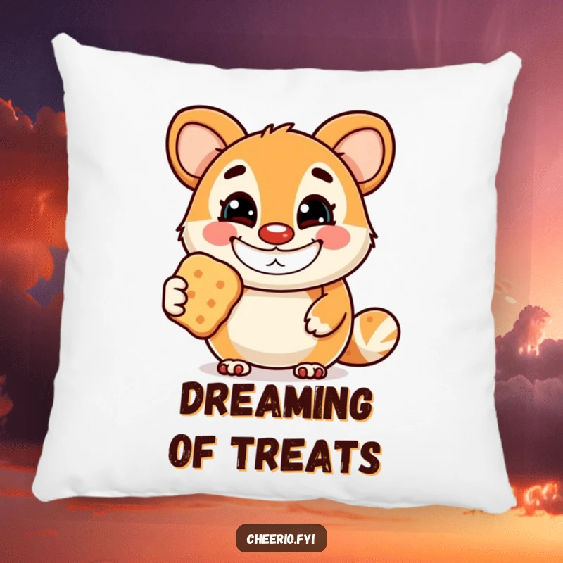 Funny pillow featuring a cheerful animal mascot with a wide grin, offering a biscuit, perfect for adding sweet and humorous decor.