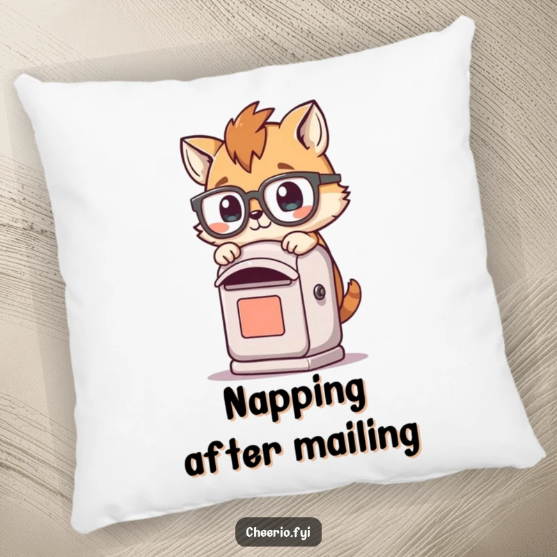 Funny pillow featuring a playful animal with oversized spectacles tripping over a small post box, perfect for cozy laughs.