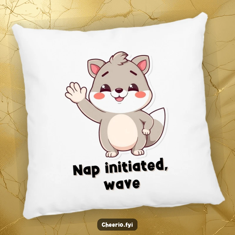 Funny decorative pillow featuring an animal character with a confident smirk, offering a jaunty wave, perfect for adding humor to furniture.
