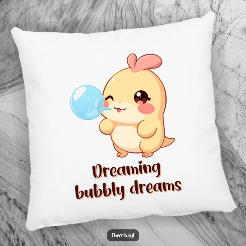 Funny Pillow showcasing a creature with a twinkling eye, happily blowing a large bubble, perfect for cozy comfort.