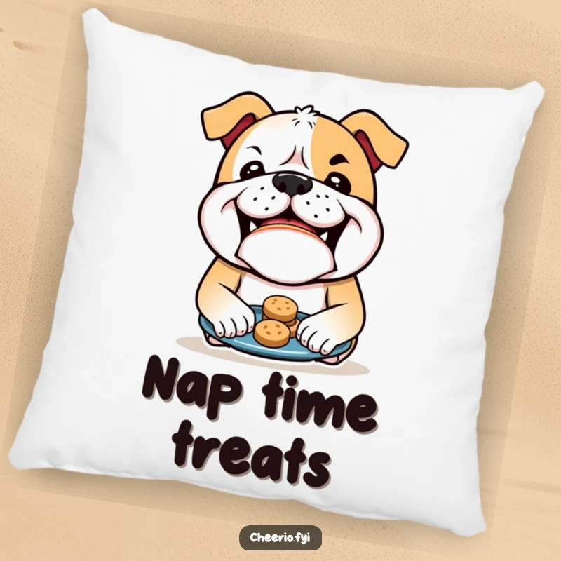 Funny Bulldog Pillow: A bulldog with a mischievous grin offers biscuits, providing comfort and humor for any space. A perfect funny gift.