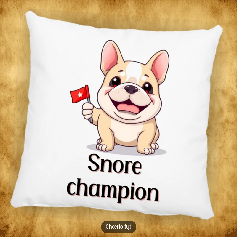 Funny Bulldog Pillow: A happy bulldog with a proud grin holds a miniature flag, offering plush comfort.