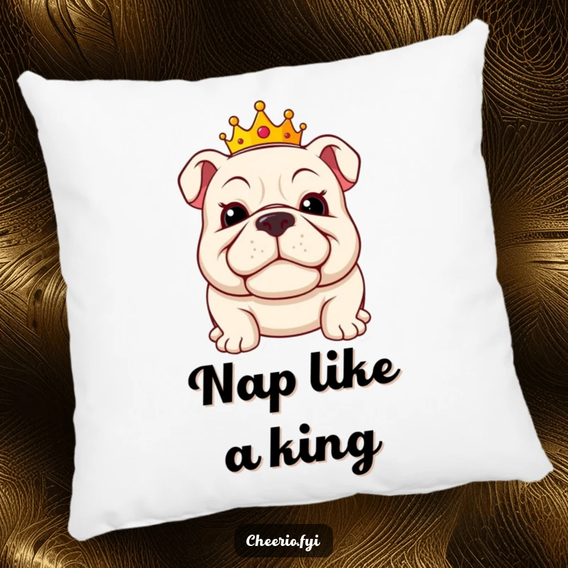 Funny bulldog pillow featuring a jolly bulldog character wearing a small crown and a wide, proud smile.