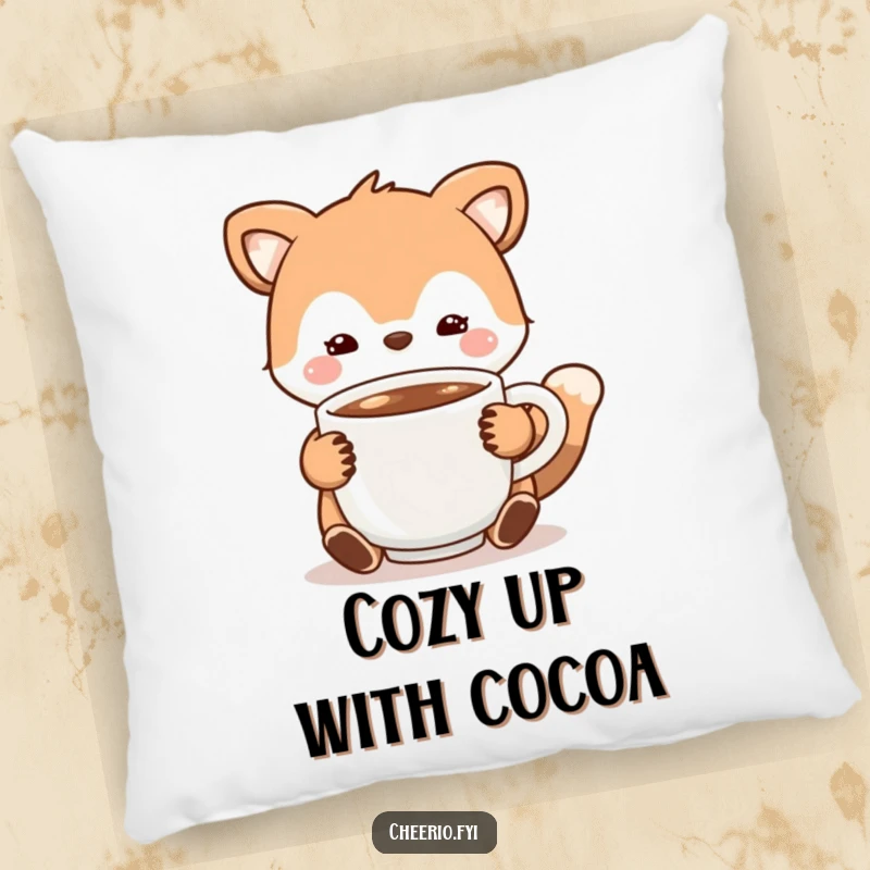 Funny Pillow showcasing an animal character offering a warm cup of cocoa, perfect for cozying up with comfort.