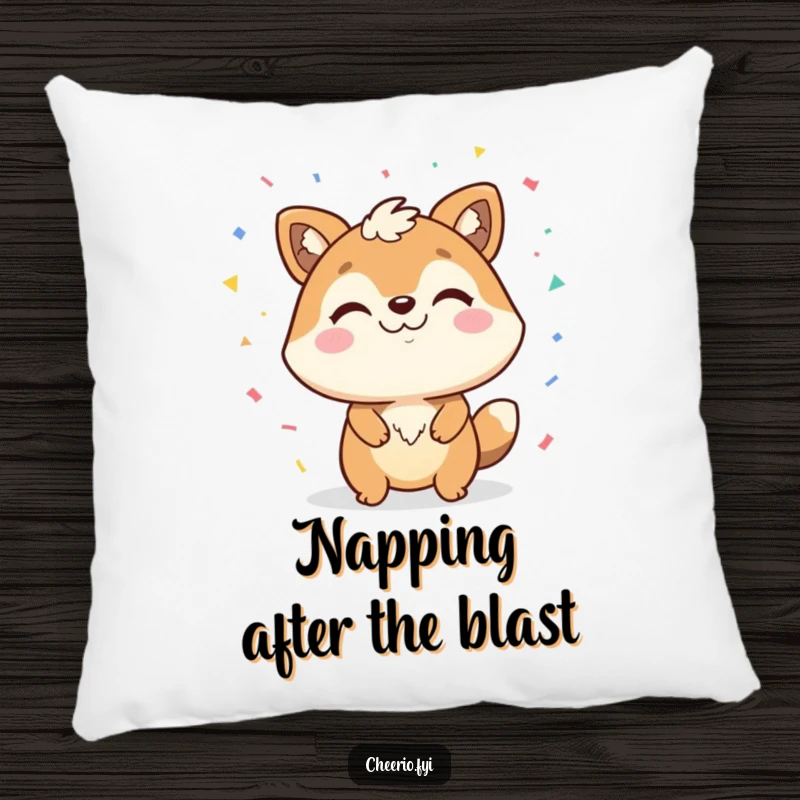 Funny pillow featuring a happy animal with a confident smirk, throwing confetti, bringing comfort and a celebratory mood.