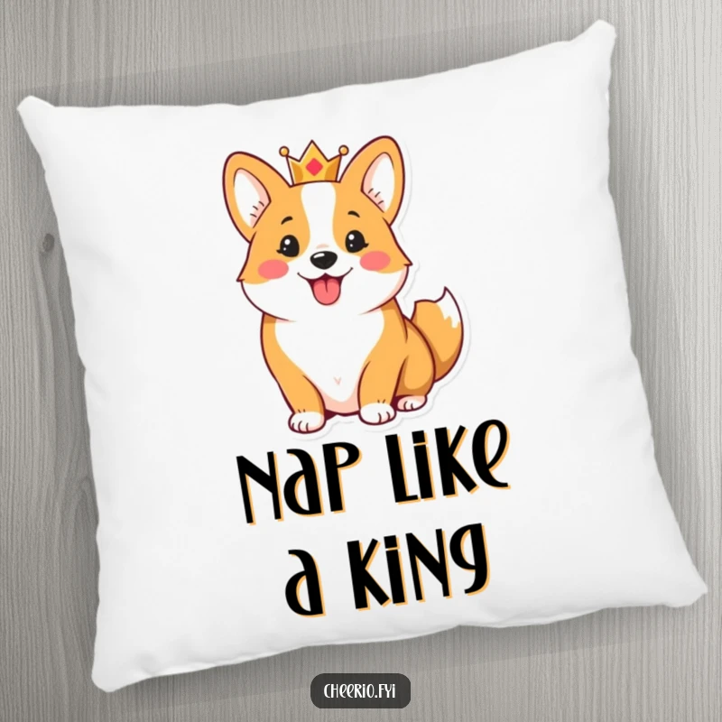 Funny pillow featuring a cheerful corgi wearing a small crown and wagging its tail, offering cozy royal dog charm.