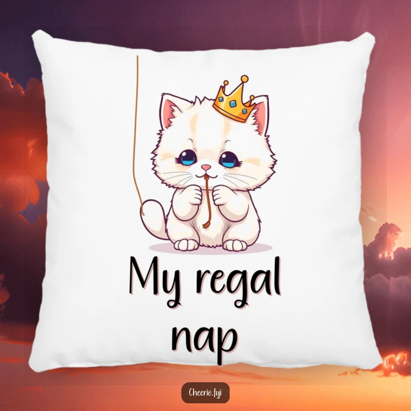 Funny Pillow: A fluffy cat wearing a tiny crown, playfully batting a string, a soft and humorous decorative item.